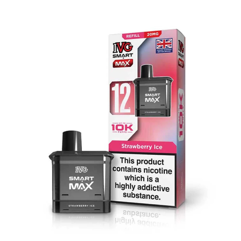 IVG Smart Max 10k Vape refill pod in "Strawberry Ice" flavour beside colourful packaging on a white background,