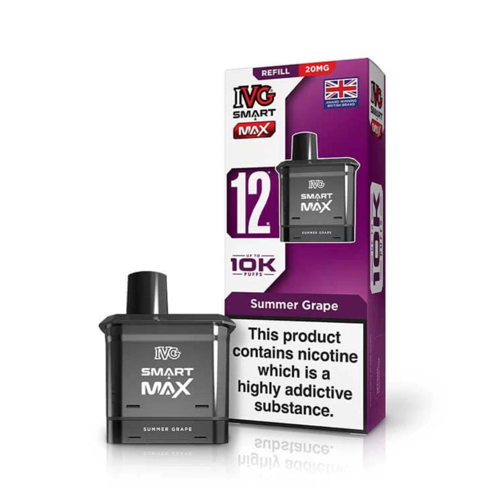 IVG Smart Max 10k Vape refill pod in "Summer Grape" flavour beside colourful packaging on a white background,