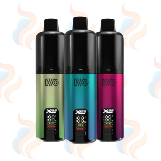 Three IVG XL35 vape devices in green, blue, and pink on a white background with subtle smoke effects.