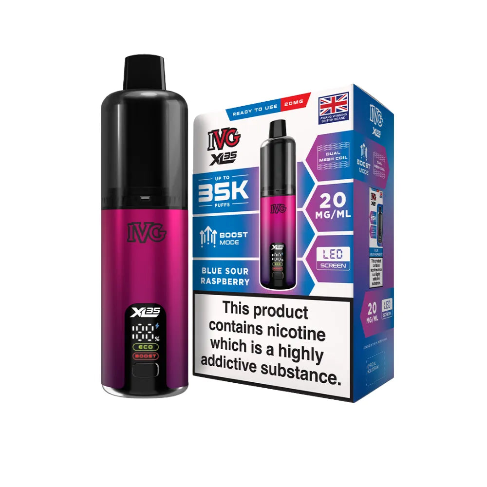 Purple ivg xl vape device with black top and bottom, next to its packaging on a white background.