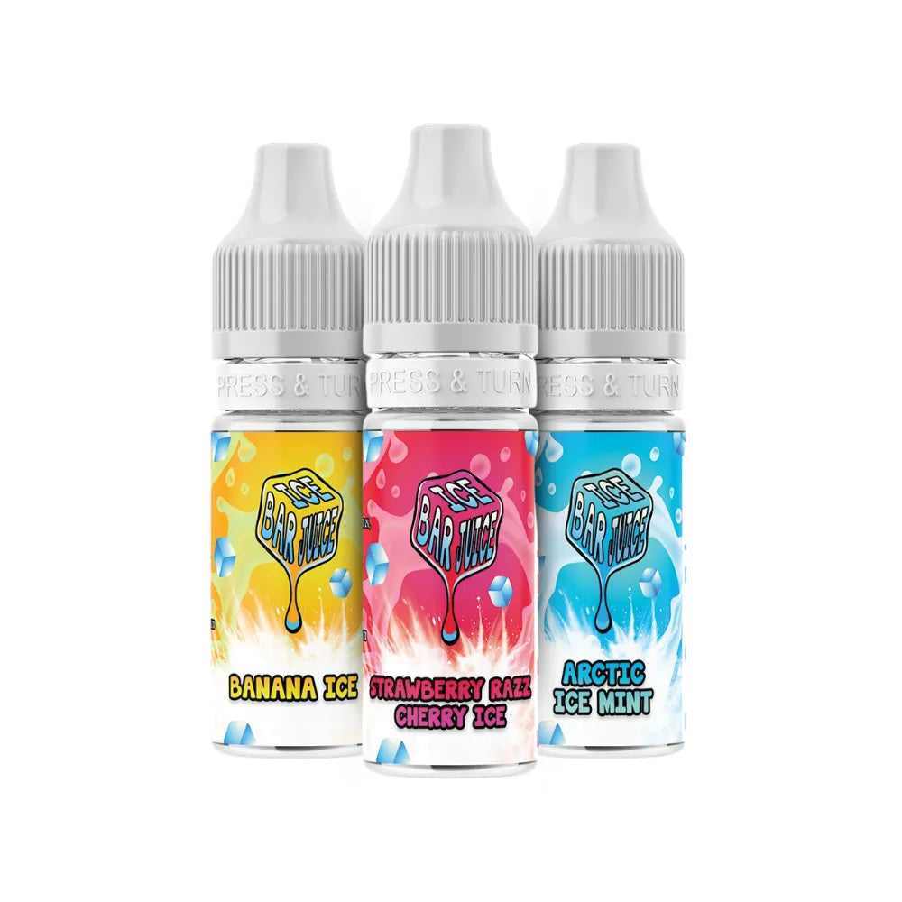 Three bottles of ice flavored e-liquid with colorful labels on a white background