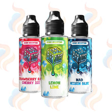 Three bottles of Ice Bar Juice e-liquid with colourful labels on a white background.