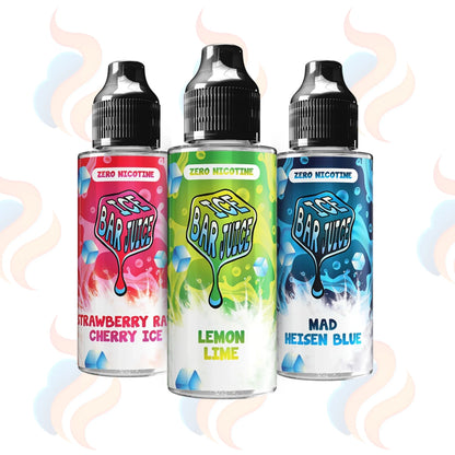Three bottles of Ice Bar Juice e-liquid with colourful labels on a white background.