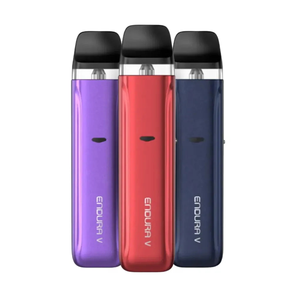 Three Endura V vape devices in purple, red, and blue on a white background