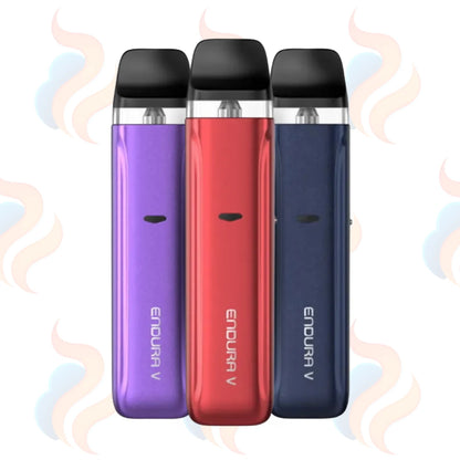 Three vaping devices in purple, red, and blue on a white background with decorative smoke effects.