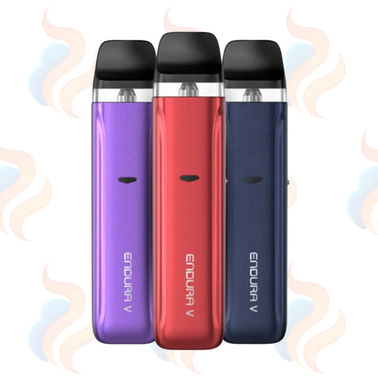 Three vaping devices in purple, red, and blue on a white background with decorative smoke effects.