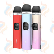 Three TRINE vape devices in red, purple, and pink on a white background with decorative smoke effects.