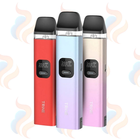 Three TRINE vape devices in red, purple, and pink on a white background with decorative smoke effects.