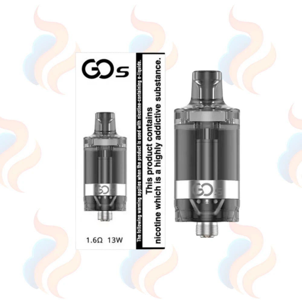 Vaping tank with 'GO S' branding on a white background with smoke effects.