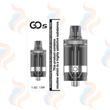 Vaping tank with 'GO S' branding on a white background with smoke effects.