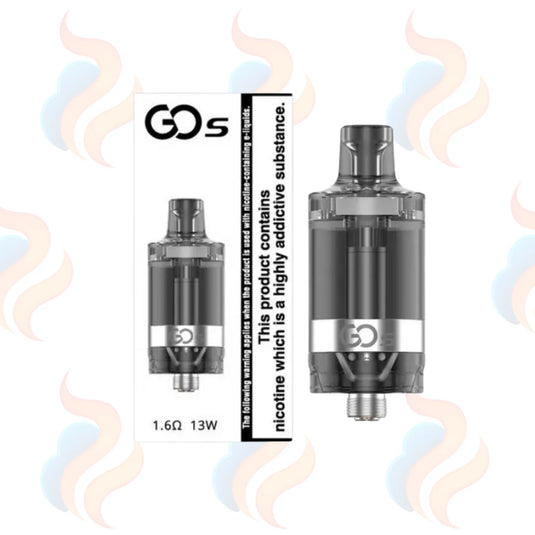 Vaping tank with 'GO S' branding on a white background with smoke effects.