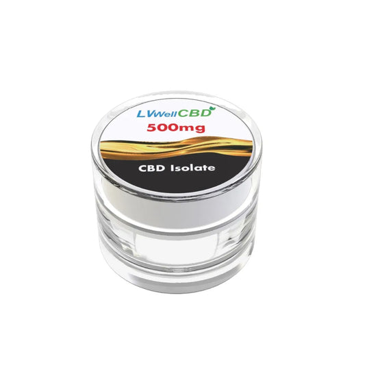 Clear container with a label indicating CBD Isolate and 500mg, branded as LVWell CBD.