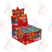 Box of Juicy Jay's Connoisseur papers and tips with colorful packaging on a white background.