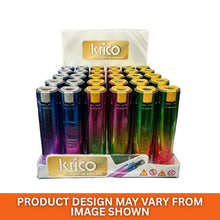 Display of 30 colourful jet lighters with Krico branding on a white background