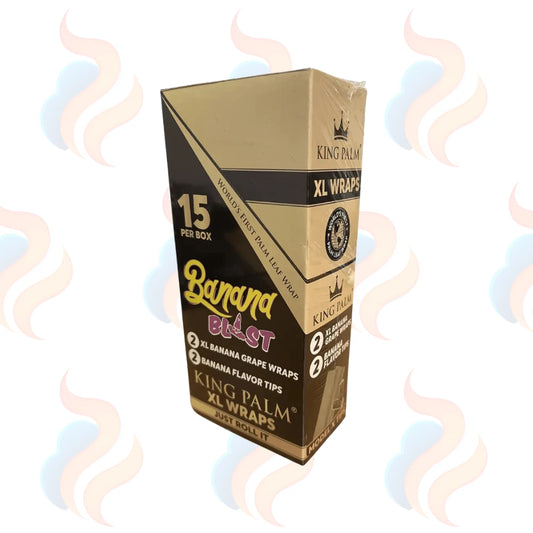 Box of King Palm XL Wraps with banana and grape flavor options on a white background.