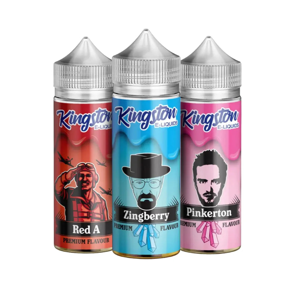 Three Kingston e-liquid bottles with different flavors on a white background