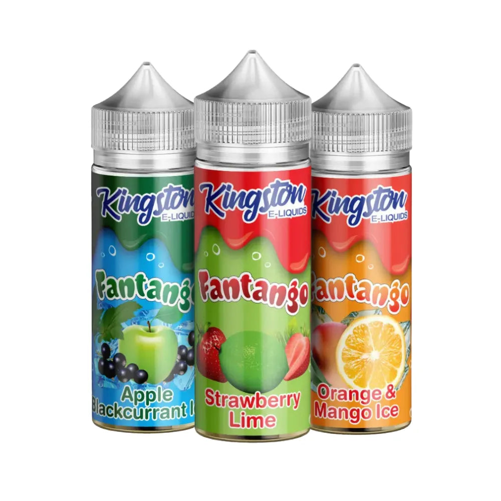 Three bottles of Kingston Fantango e-liquid with colorful labels on a white background