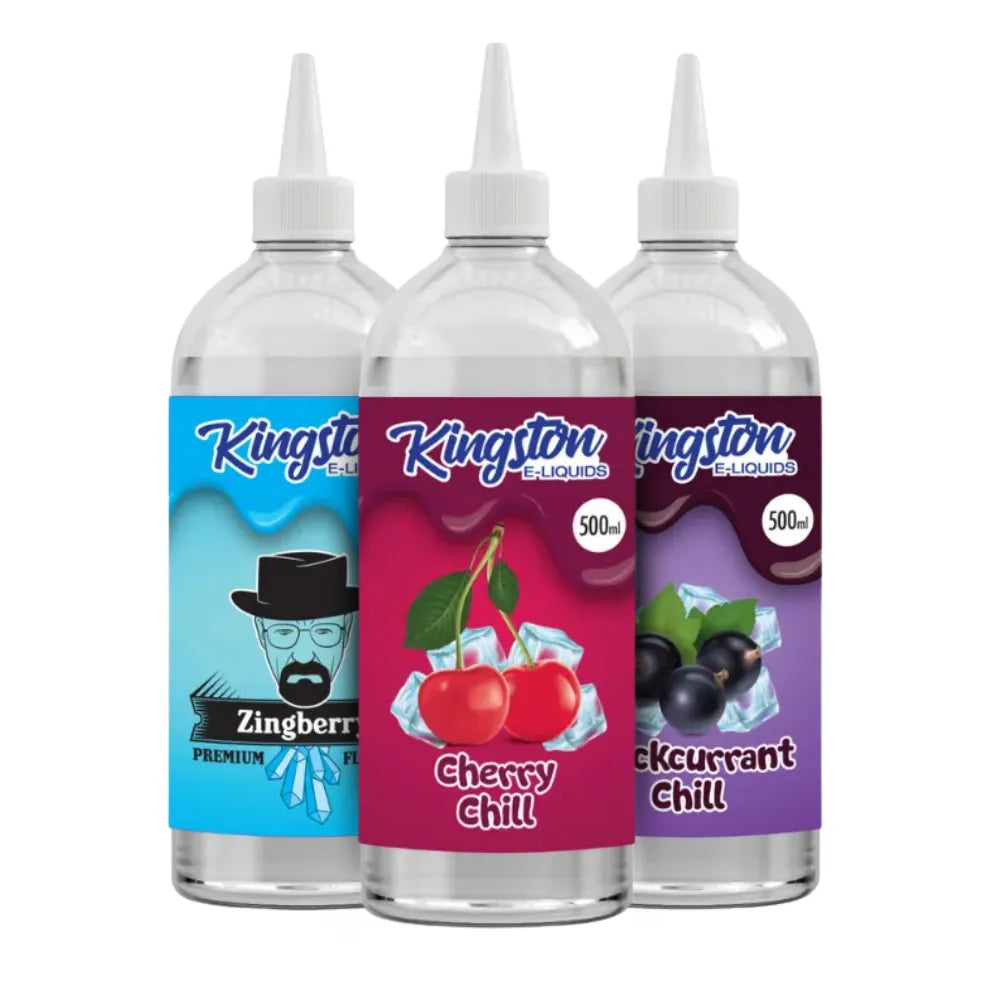 Three bottles of Kingston E-Liquids with colorful labels on a white background