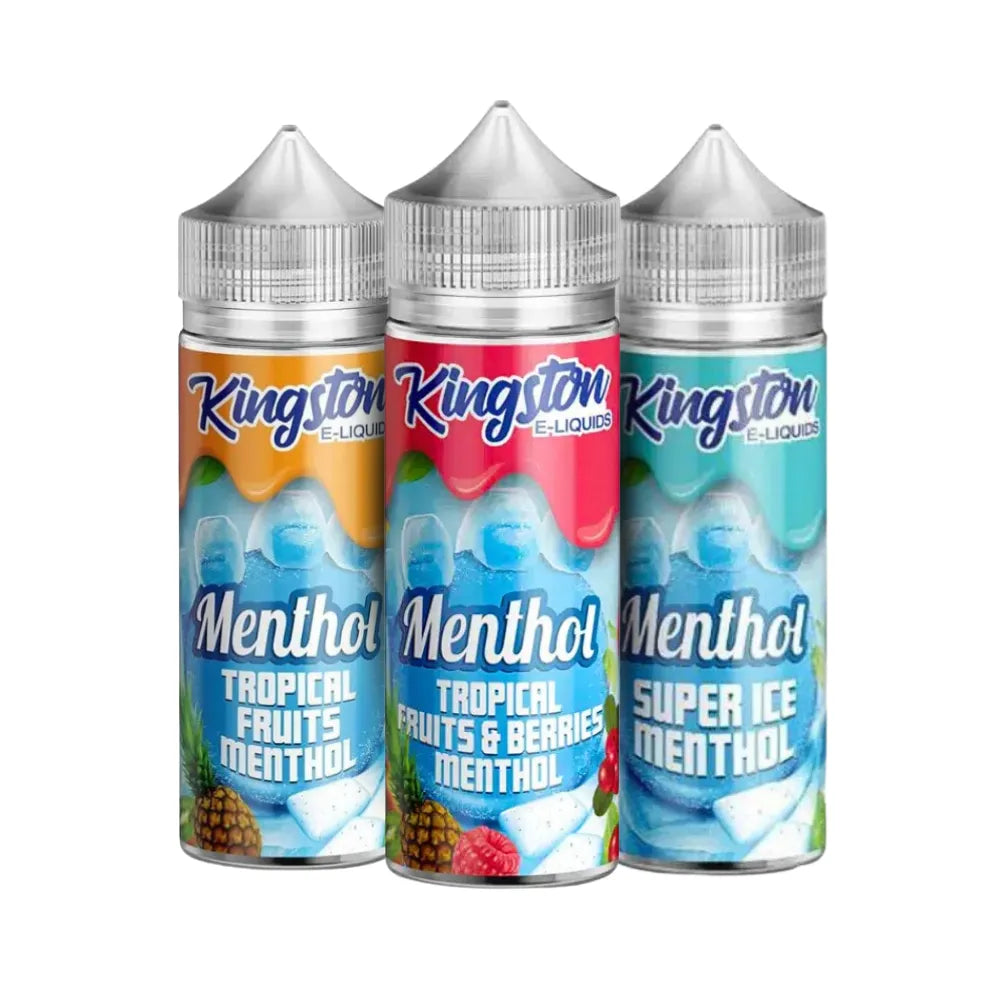 Three bottles of Kingston Menthol e-liquid with different flavors on a white background.