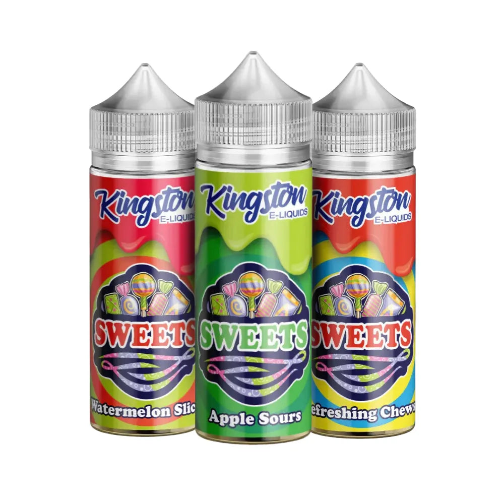 Three bottles of Kingston Sweets e-liquid on a white background