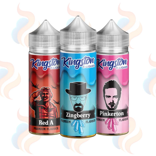 Three Kingston e-liquid bottles with different flavours on a white background