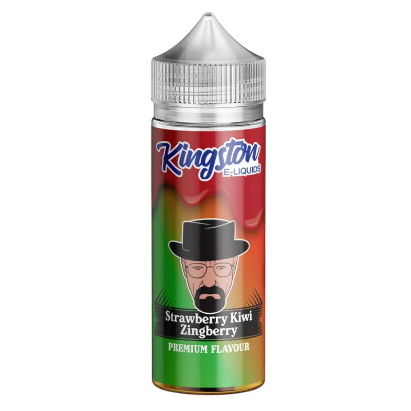 Kingston e-liquids strawberry kiwi zingberry bottle with colorful label featuring a character and text.