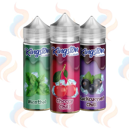 Three bottles of Kingston Chill e-liquid with different flavours on a white background