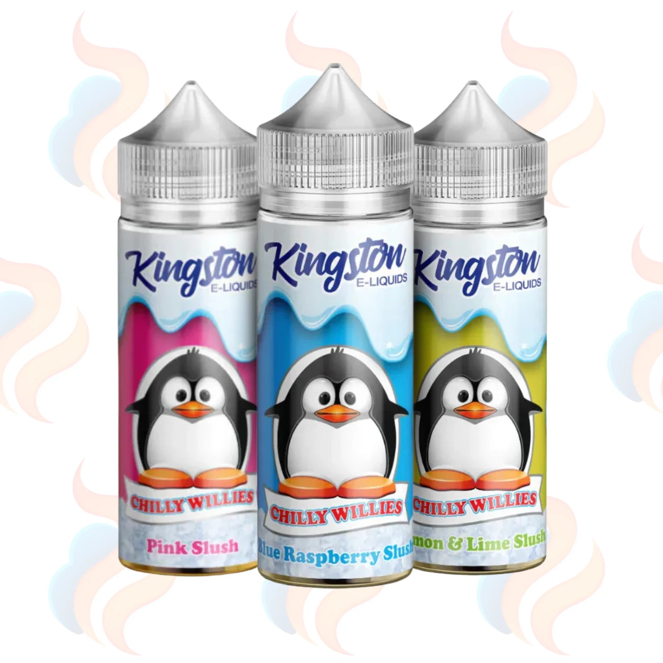 Three bottles of Kingston Chilly Willies e-liquid with penguin graphics on a white background.