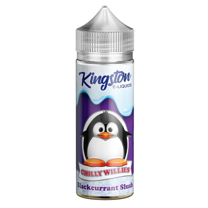 Kingston e-liquids chilly willies blackcurrant slush bottle with penguin illustration on a white background