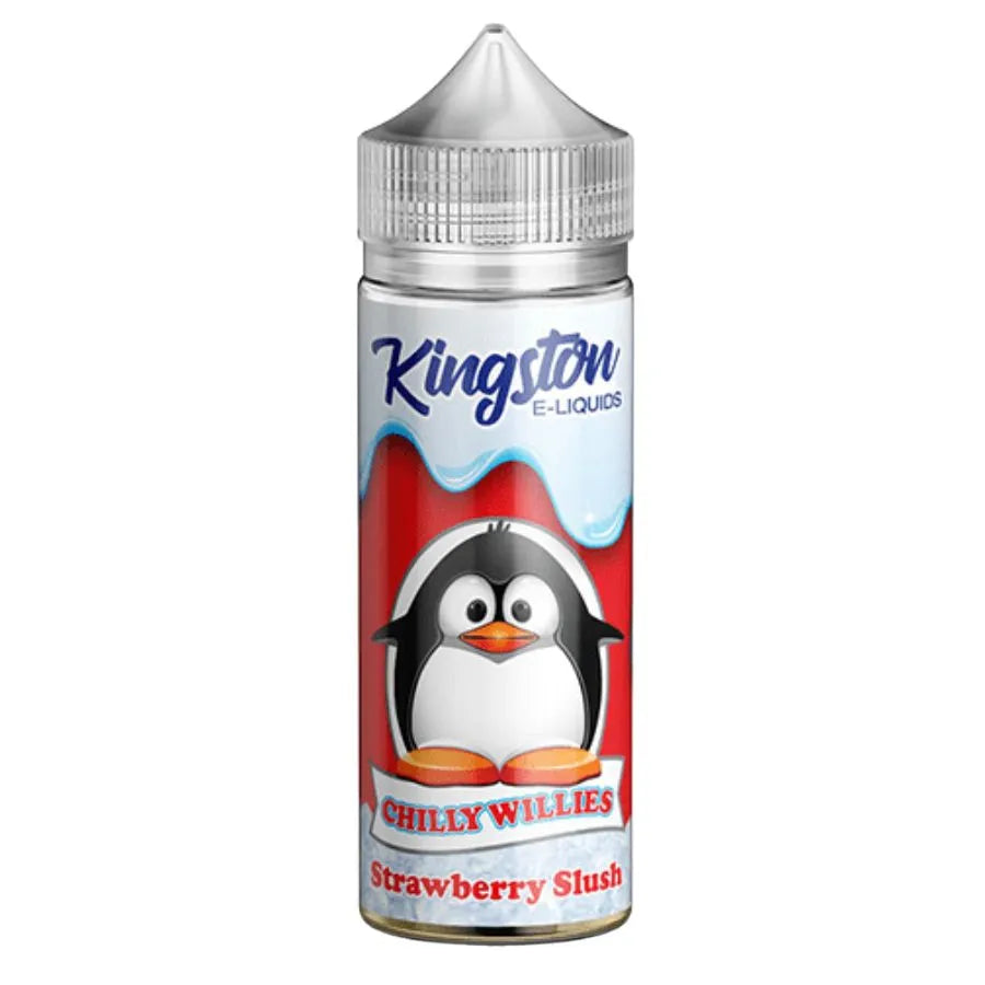 Kingston E-Liquids Chilly Willies Strawberry Slush bottle with a penguin on the label.