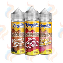 Three Kingston e-liquid bottles with dessert-themed labels on a white background.