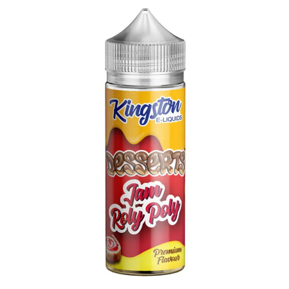 Kingston E-Liquids jam roly poly bottle with yellow and red label on a white background