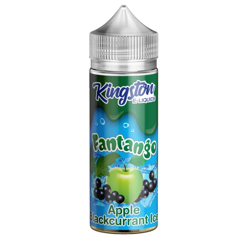Kingston e-liquids bottle with blue label featuring an apple and blackcurrant.