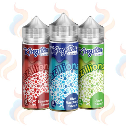 Three bottles of Kingston Gazillions e-liquid with colourful labels on a white background