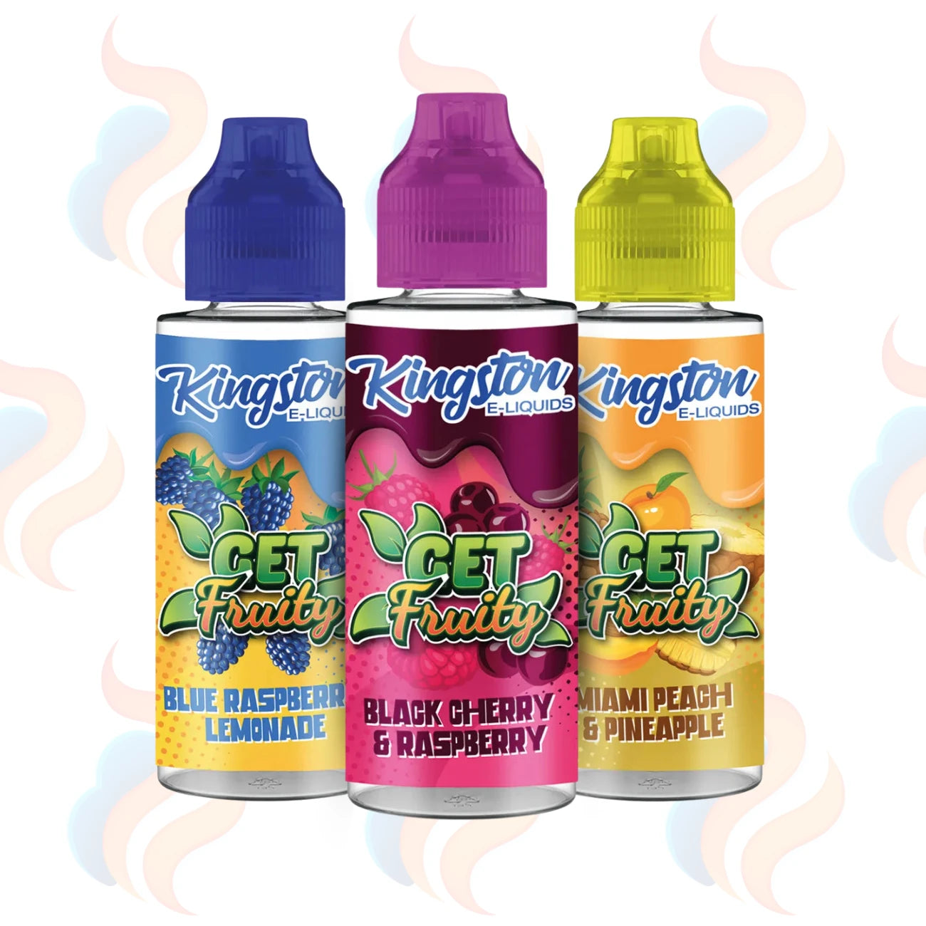 Three bottles of Kingston Get Fruity E-Liquids with colourful labels on a white background
