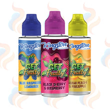 Three bottles of Kingston Get Fruity E-Liquids with colourful labels on a white background