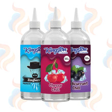 Three bottles of Kingston Mega Saver 500ml E-liquids with different flavours on a white background
