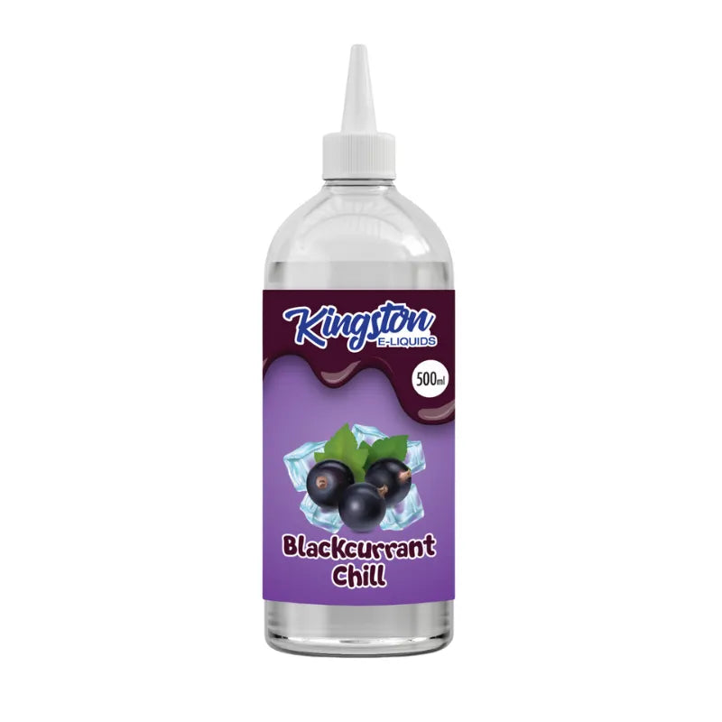 Bottle of Kingston e-Liquid Blackcurrant Chill on a white background