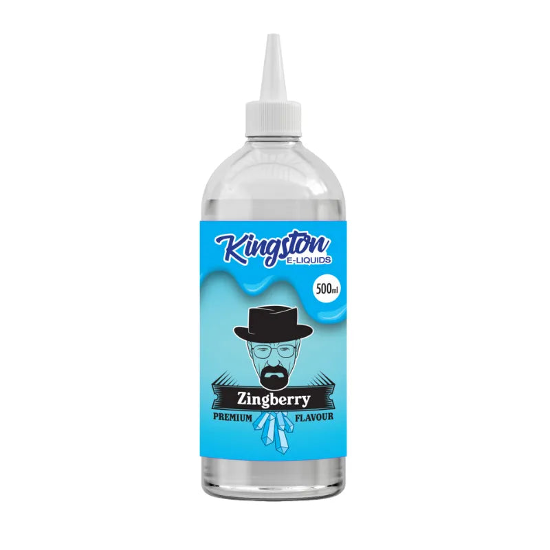 Bottle of Kingston e-liquid with zingberry label on a white background