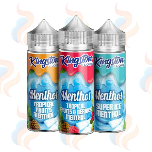 Three bottles of Kingston Menthol e-liquid with colourful labels on a white background.
