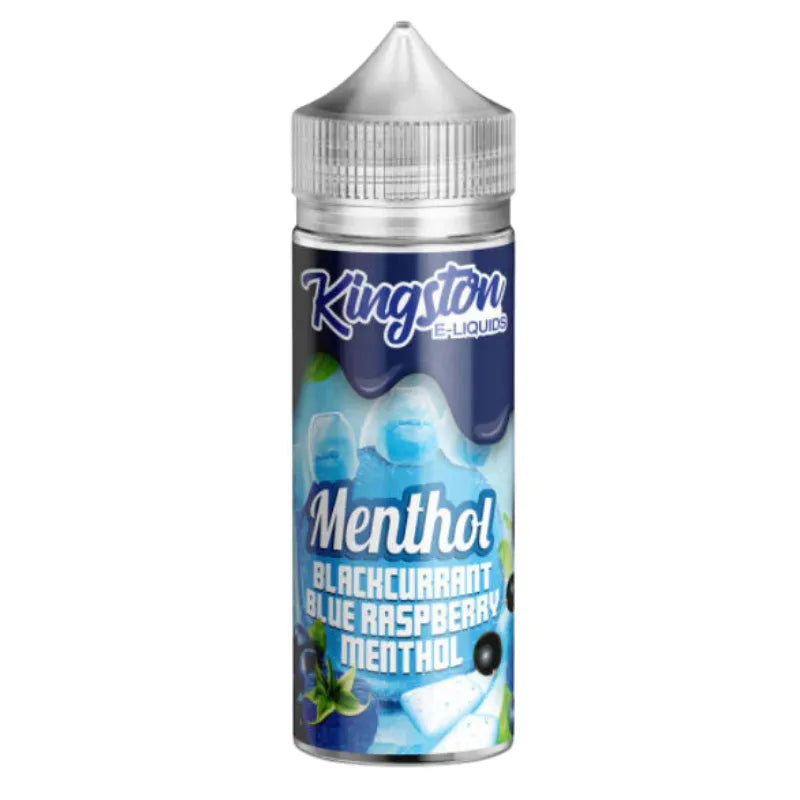 Kingston e-liquid blackcurrant blue raspberry menthol bottle with blue label on a white background