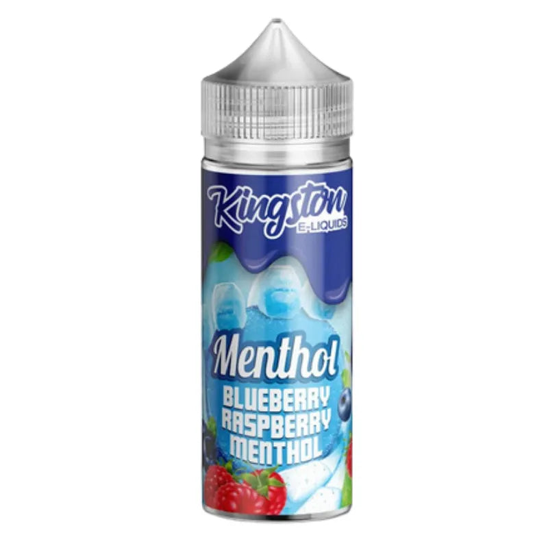 Kingston e-liquid bottle with blueberry raspberry menthol flavor on a white background