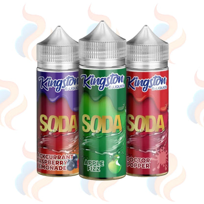 Three Kingston Soda  e-liquid bottles in different flavours on a white background