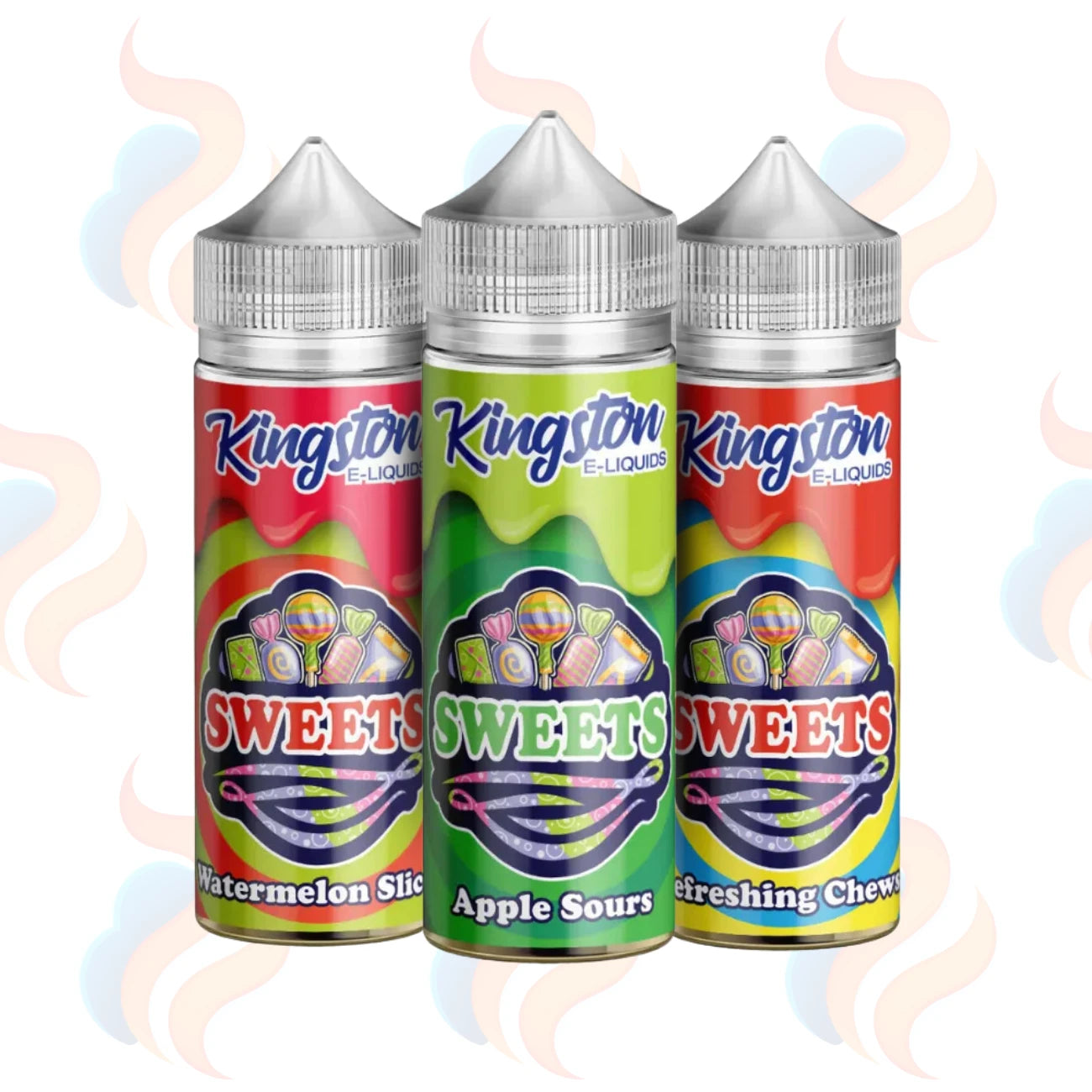 Three bottles of Kingston Sweets e-liquid with colourful labels on a white background.