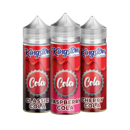 Three bottles of Kingston Cola e-liquid on a white background