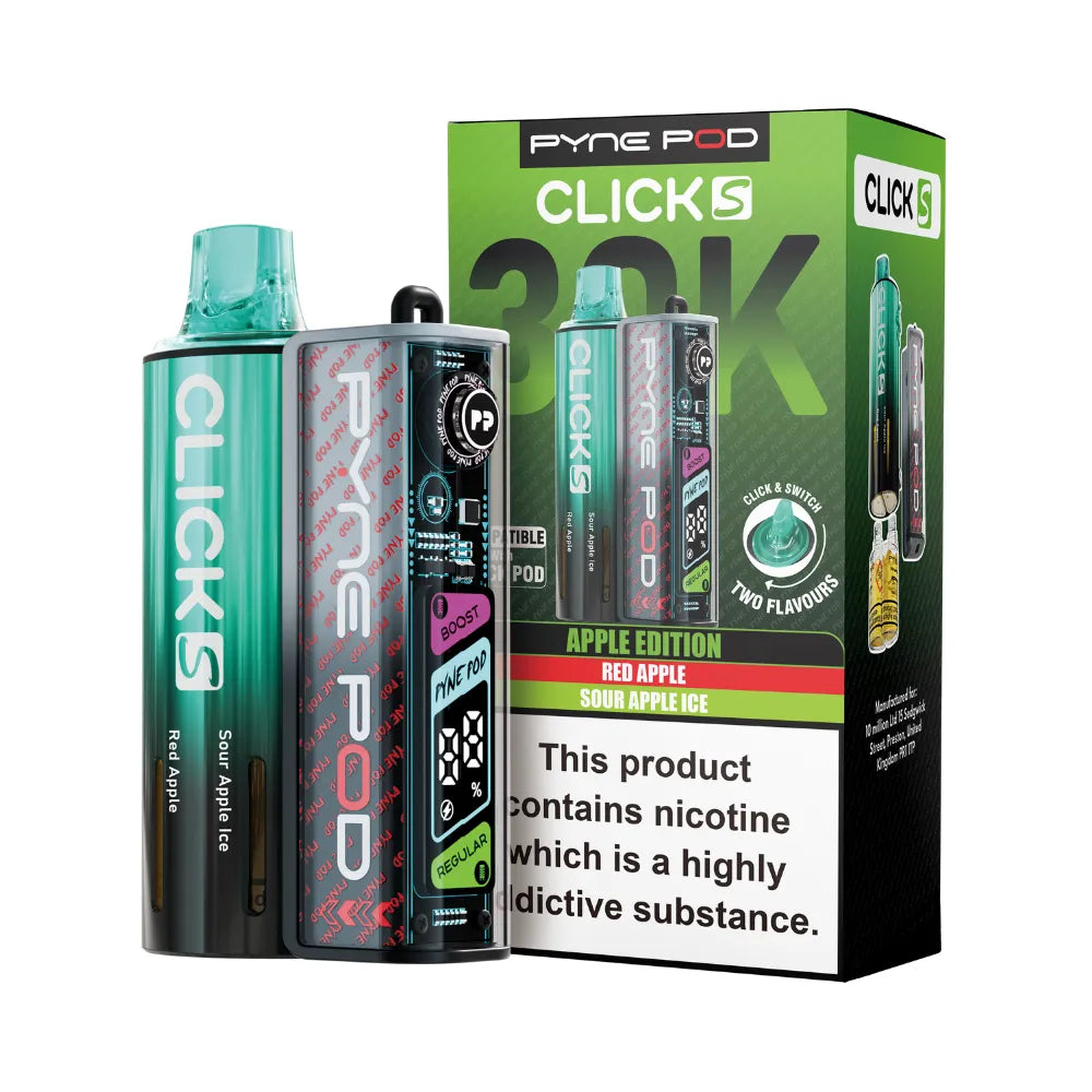 Pyne Pod Click S vape device in Apple edition with packaging on a white background