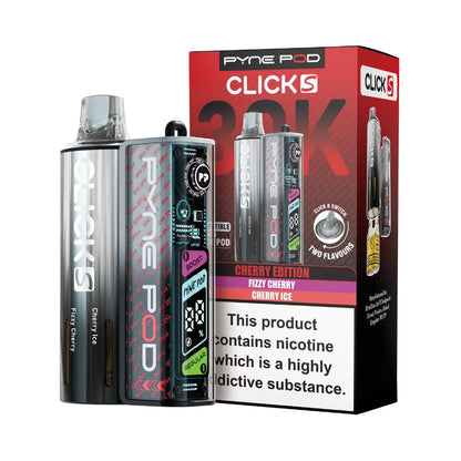 Pyne Pod Click S vape device in Cherry edition with packaging on a white background