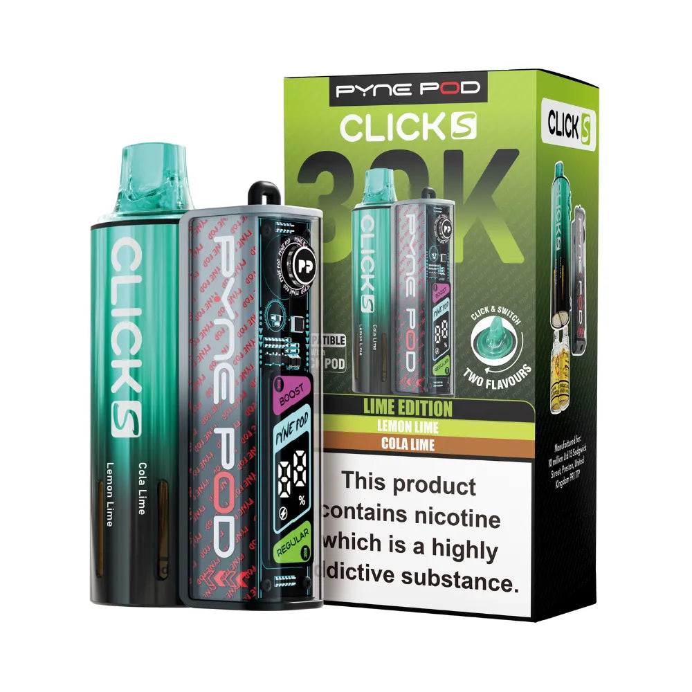 Pyne Pod Click S vape device in Lime  edition with packaging on a white background