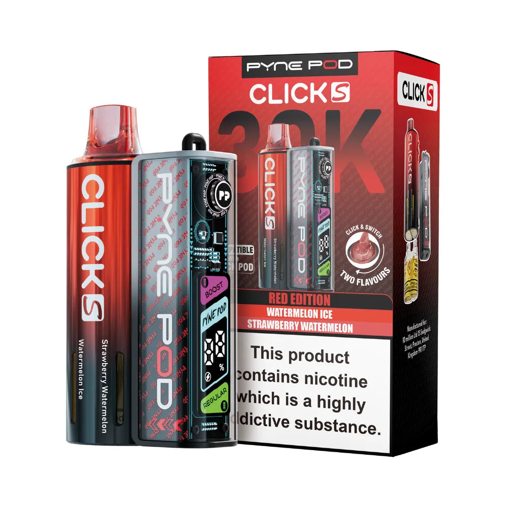 Pyne Pod Click S vape device in Red edition with packaging on a white background