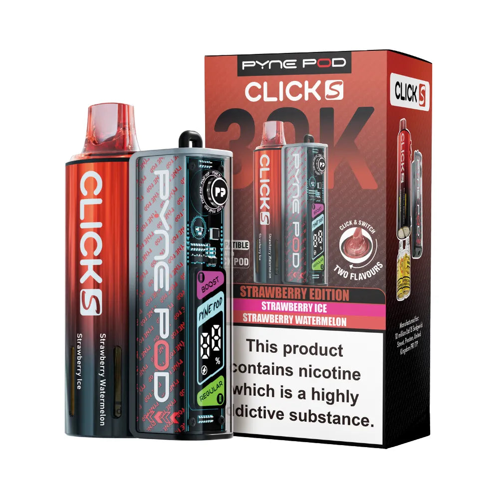 Pyne Pod Click S vape device in Strawberry edition with packaging on a white background